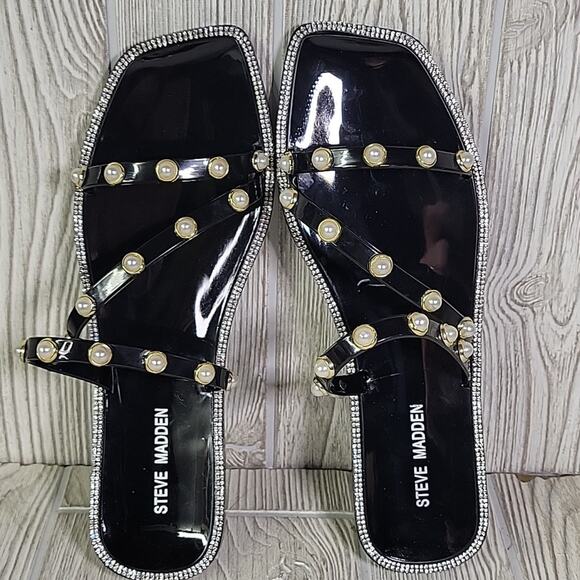 Steve Madden Nonii Black Pearl Embellished Studded Flat Sandals Womens 10 NEW - Picture 8 of 14